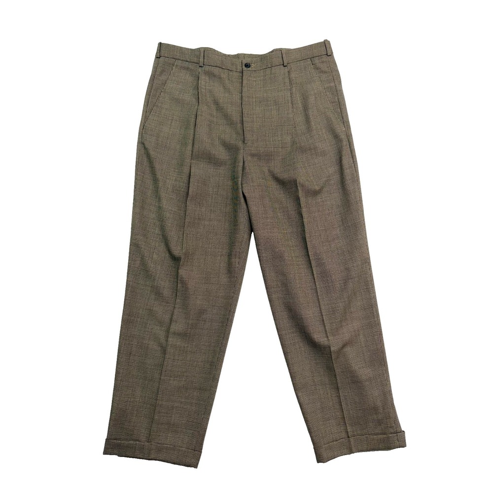 vtg 90s Barry Bricken Beige Basketweave Dress Pants Trousers Pleated Cuffed